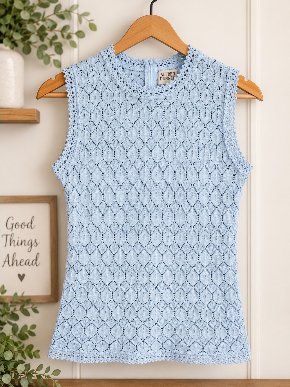 Vintage Montgomery Ward Blue Crochet Knit Sleeveless Top Size 36